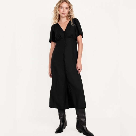 NWT!  Old Navy Black Jack Button-Down Crepe Midi Dress - Size Large 💜 - Picture 1 of 8